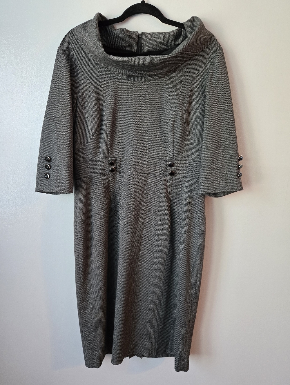 Antonio Melani Herringbone Sheath Dress Grey Cowl Neck Button Detail Size 12